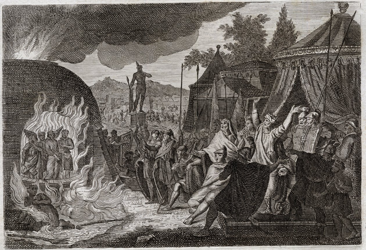 Bibel von Royaumont, Altes Testament: Die drei Kinder von Babylon im Feuerofen. König Nebukadnezar II. wirft drei junge Hebräer in einen brennenden Ofen, aus dem sie wundersam befreit werden. Sie heißen Ananias, Azarias und Misael (oder Schadrach, Meschach von Unknown artist