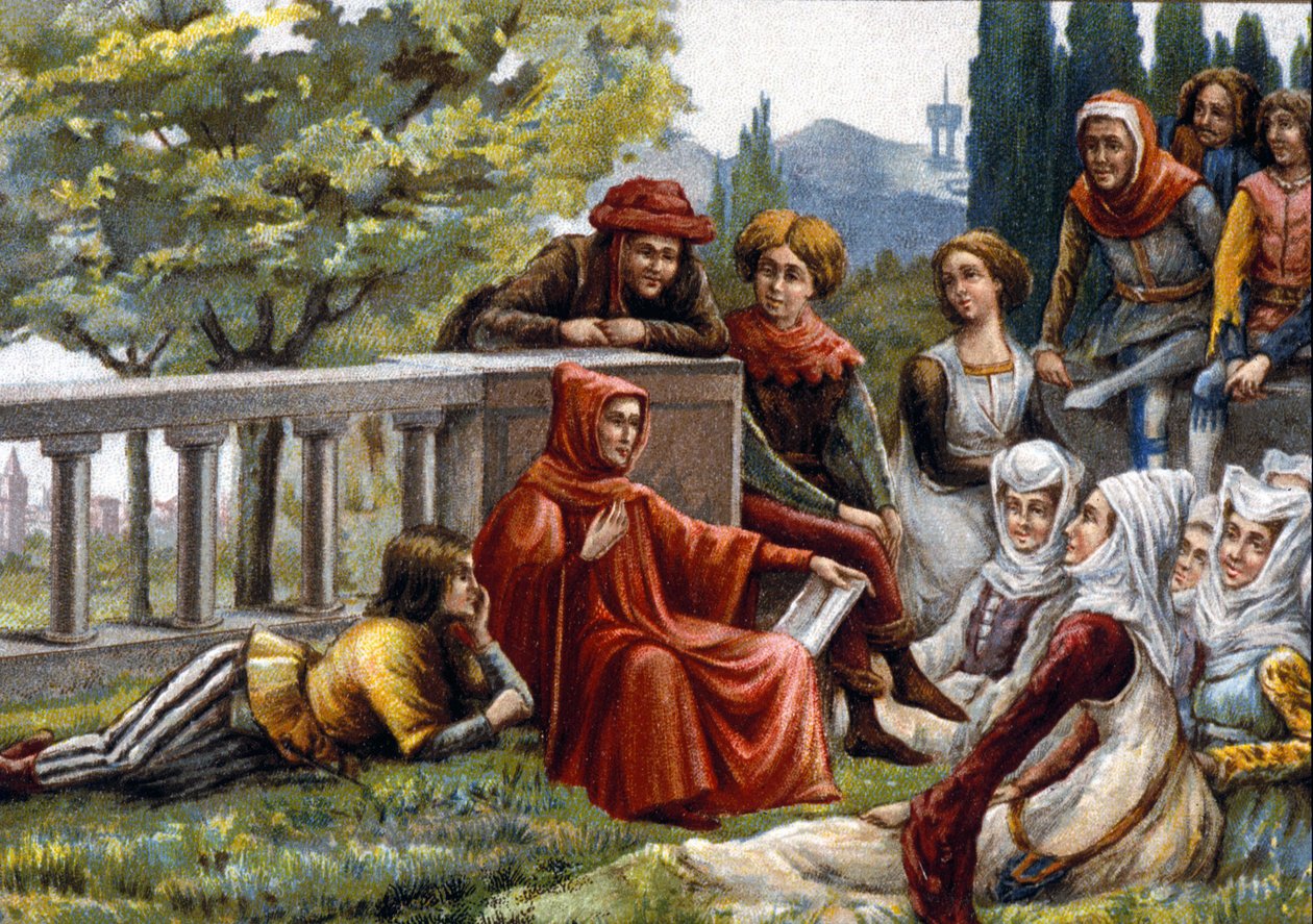 Boccaccio liest seinen Freunden während der Pestepidemie in Florenz um 1348 den Decameron vor. Chromolithographie des späten 19. Jahrhunderts von Unknown artist
