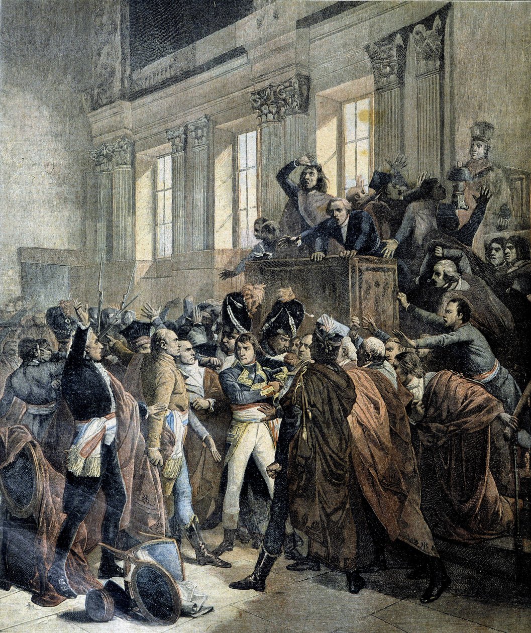 Bonaparte beim Staatsstreich des 18. Brumaire in der Kammer des Rates der Fünfhundert (Salle des 500) von Saint Cloud - in „Le Petite Journal“, 03.1893 von Unknown artist