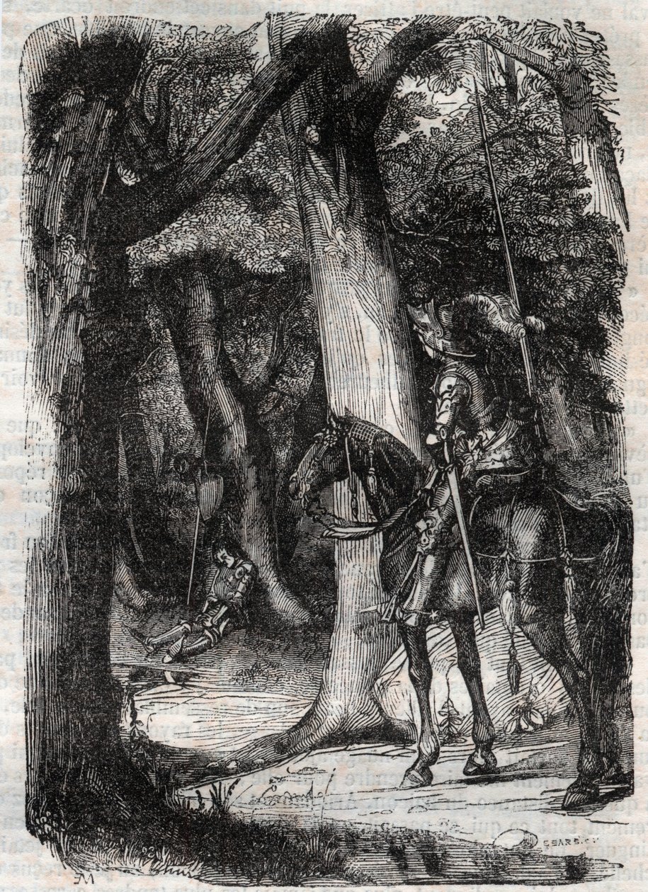 Bradamante sieht Pinabel - Gravur von 1851 aus „Roland furieux“ (Orlando furioso) (16. Jahrhundert) von Ludovico Ariosto, bekannt als der Ariosta - Ausgabe übersetzt aus dem Italienischen von Graf von Tressan und veröffentlicht von Gustave Harvard 1851 von Unknown artist