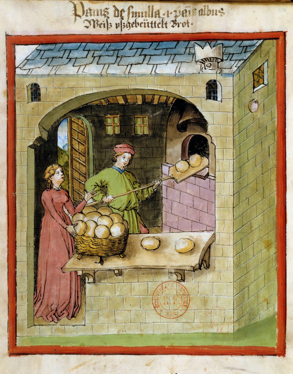 Brotbacken: ein Bäcker backt die Brote. Illumination aus dem Manuskript „Tacuinum sanitatis“ von Unknown artist