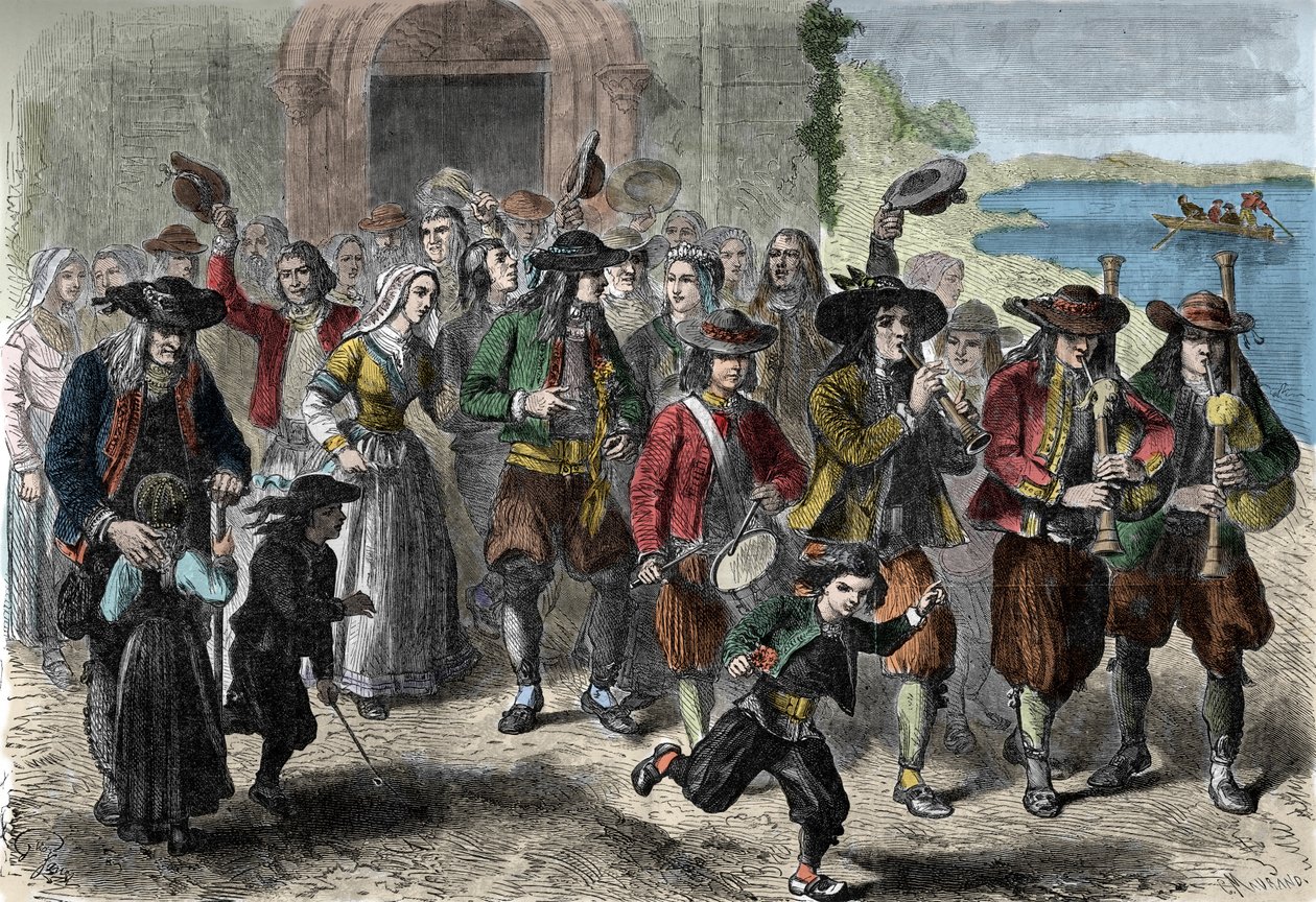 Bretonischer Brauch: Paar junger Eheleute beim Verlassen der Kirche. An der Spitze des Zuges sind Dudelsack- und Trommelspieler. Treguennec, Finistère (29) von Unknown artist