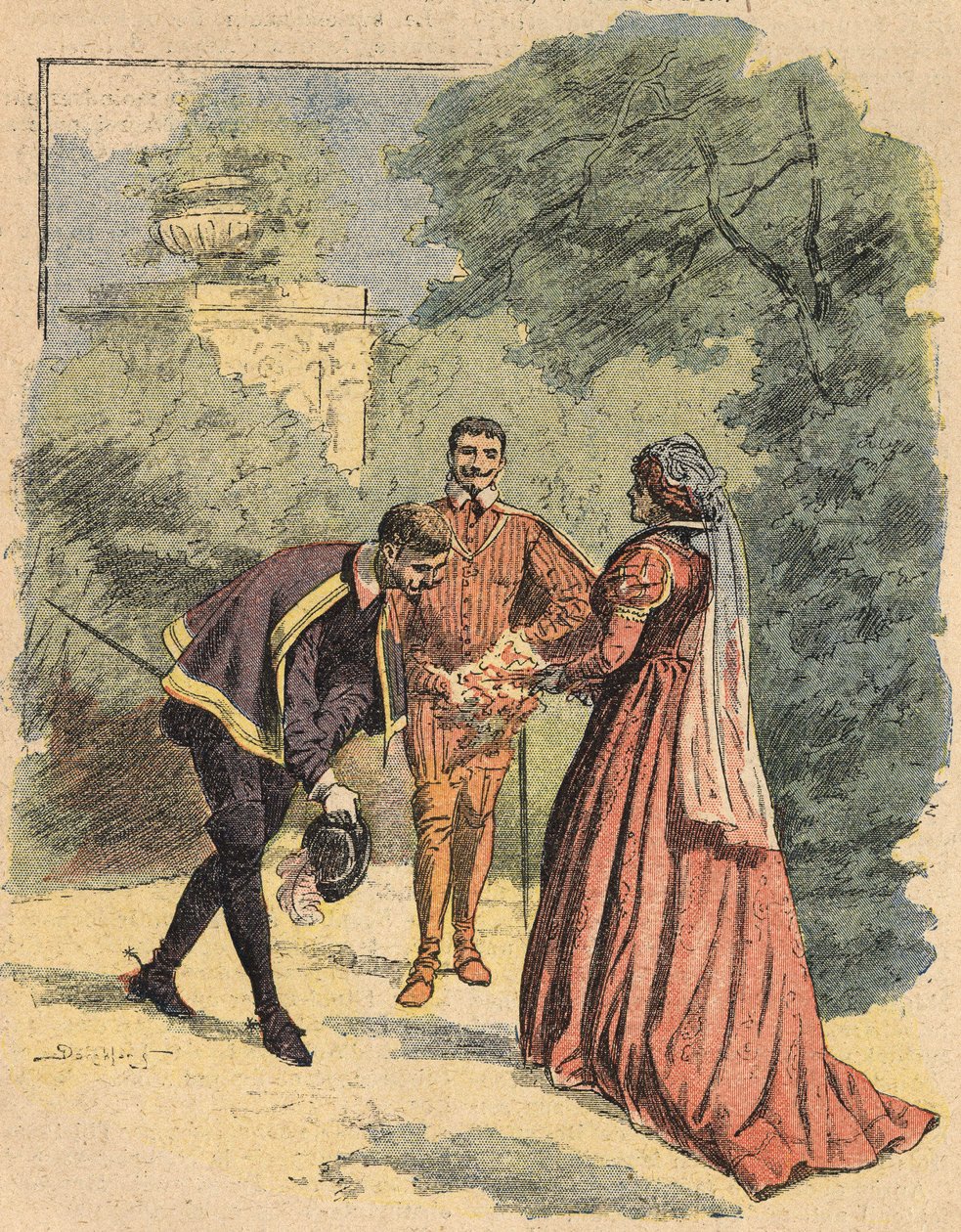 Bussy grüßt Jeanne, begleitet von Saint Luke, im Park. Illustration des Romans „La Dame de Monsoreau“ von Alexandre Dumas, in „Journal des novels populaires illustrés“ von Unknown artist
