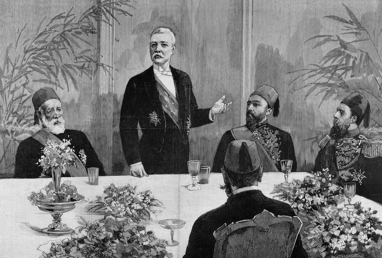 Kairo: Stanley (Sir Henry Morton) (1841 - 1904) hält eine Rede bei seinem Bankett. Gravur des 19. Jahrhunderts von Unknown artist
