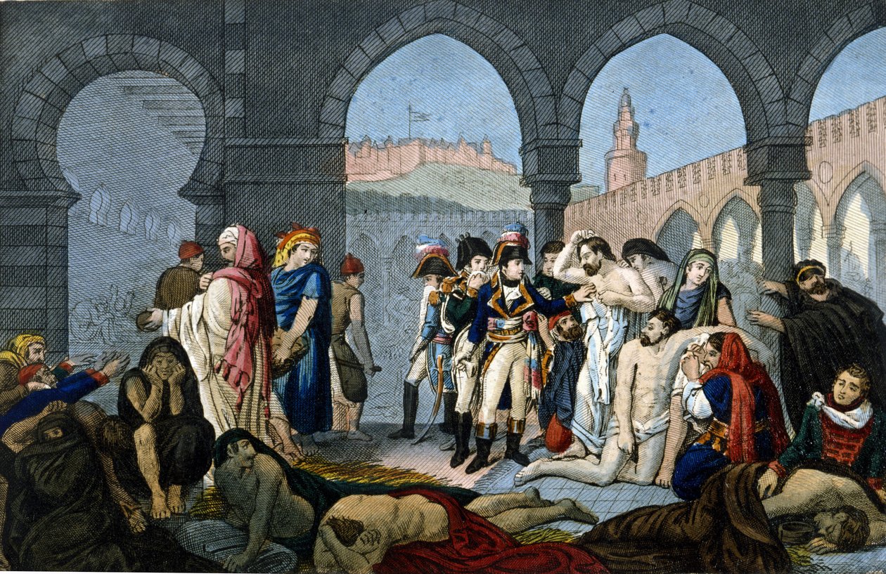 Kampagne (Expedition) von Ägypten (1798-1801): General Bonaparte besucht das Pestkrankenhaus in Jaffa. Gravur 19. Jahrhundert. von Unknown artist