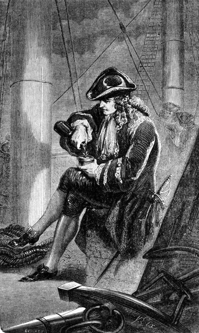 Kapitän Gabriel de Clieu (Declieux, Desclieux) (1687/1678- ca. 1774), beauftragt von König Ludwig XIV. im Jahr 1725, eine Kaffeepflanze nach Martinique zu bringen, teilt mit ihm seine Wasserration, um ihn vor der Dürre zu retten. Gravur des 19. Jahrhundert von Unknown artist
