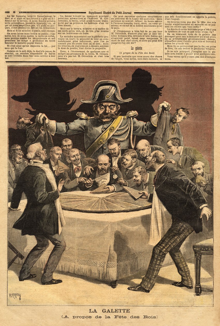 Karikaturillustration „la galette“, über das Fest der Könige, bei dem der Bankier den Kuchen schneidet, alle stürzen sich darauf, um ein Stück zu bekommen und finden statt einer Bohne den Gendarmen. Gravur in „Le petit journal“ 7/01/1893. Sammlung Selva. von Unknown artist