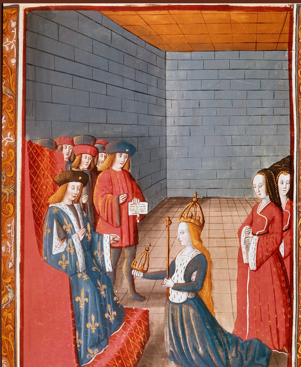 Karolingische Dynastie: „Karolingischer König Karl II., genannt der Kahle (823-877), übernimmt das westliche Reich nach dem Tod seines Vaters Ludwig der Fromme im Jahr 840“. Miniatur aus „Les grandes Chroniques de France“ 15. Jahrhundert Turin, Nationalbib von Unknown artist