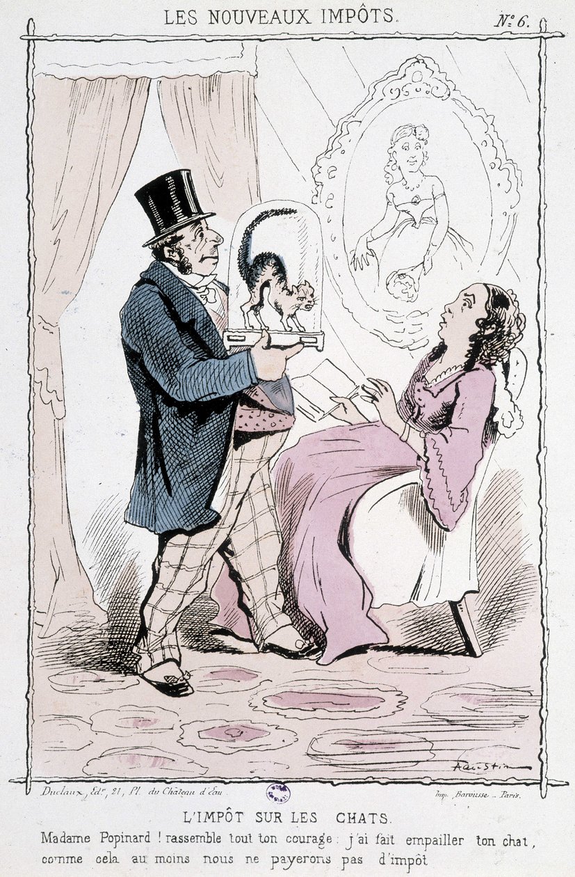 Katzensteuer: „Madame Papinard! Sammeln Sie all Ihren Mut. Ich habe Ihre Katze ausgestopft, also zahlen wir zumindest keine Steuer“ - Karikatur von Unknown artist