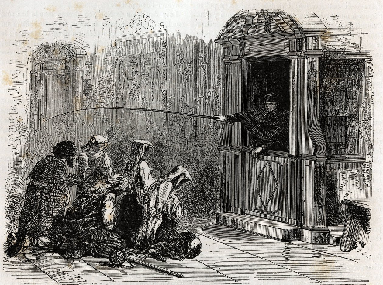 Katholische Gläubige im Gebet, die gewöhnliche Buße empfangen, Peitschenhiebe, die von einem Priester aus dem Beichtstuhl verabreicht werden. Illustration der Geschichte der Karwoche in Rom, 1863, von Ludovic Celler, in 