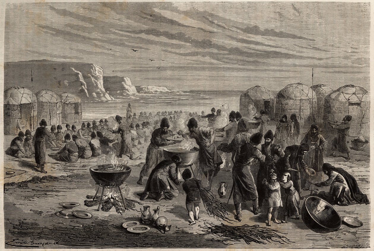 Cauda-yoli, das jährliche turkmenische religiöse Fest, um Gottes Schutz für die Familie und das Vieh zu bitten, organisiert von einer Familie, die zu diesem Anlass etwa fünfzehn Schafe opfern kann, und zu dem die ganze Gemeinschaft eingeladen ist. Gravur von Unknown artist