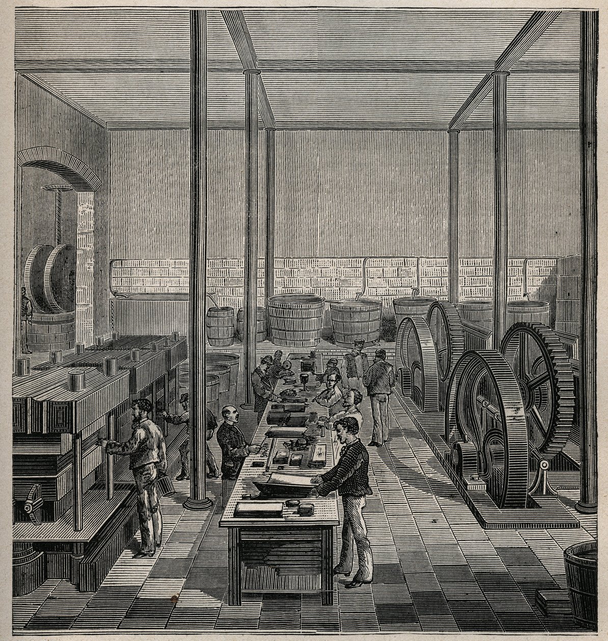 Zelluloid: Zelluloidherstellung. Gravur von 1885 in „Les arts et métiers illustrés“ von Adolphe Bitard. von Unknown artist