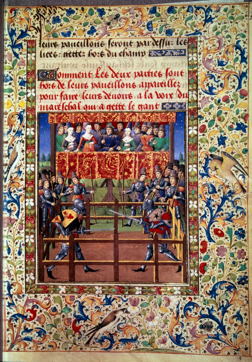 Zeremonien und Verordnungen als Kampfversprechen: Duell im geschlossenen Feld zwischen zwei Rittern. Miniatur aus einem Manuskript von Jean de Rolin (15. Jahrhundert) 1460 Paris, B.N. von Unknown artist