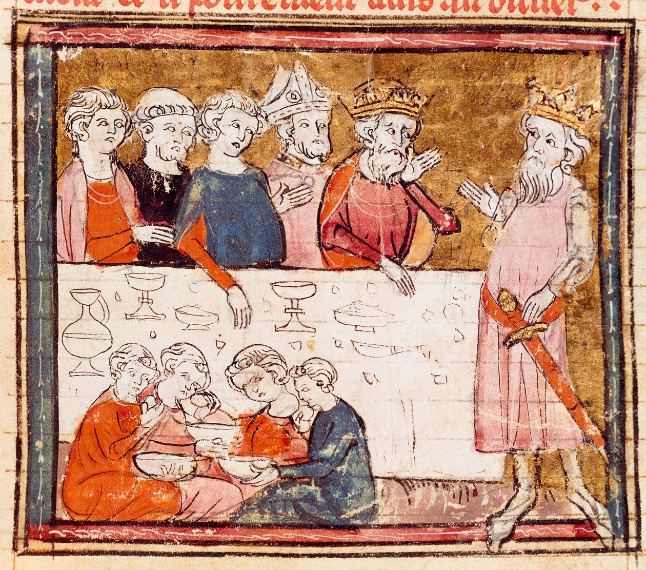 Karl der Große (742-814) und sein Neffe der Reiter Roland bei einem Bankett mit den Armen. Miniatur aus „Grandes Chroniques de France“ 1375-1379 Städtische Bibliothek, Castres von Unknown artist