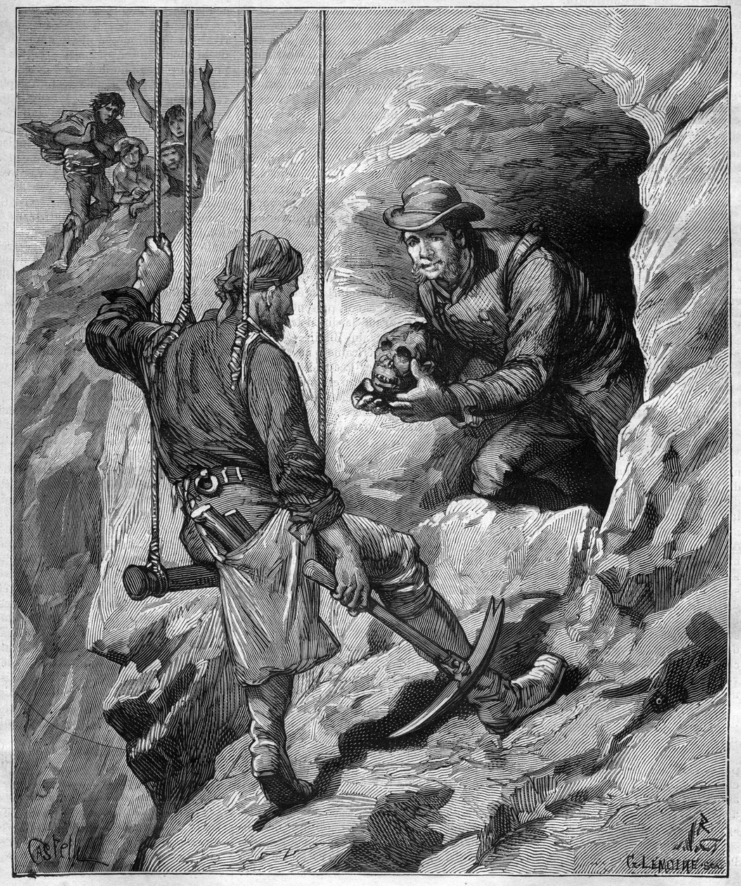 Charles Wiener (1851-1913) französischer Entdecker und Diplomat, der eine Grabeshöhle in Peru erkundet - Gravur im Journal des Voyages, 1887 von Unknown artist