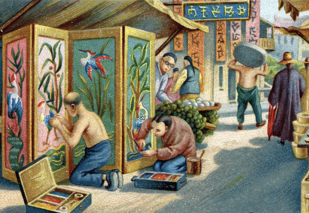 Chinesische Federkünstler arbeiten auf der Straße: Sie fertigen Tafeln oder Bildschirme mit einer Nadel und Federn an. Chromolithographie des 19. Jahrhunderts von Unknown artist