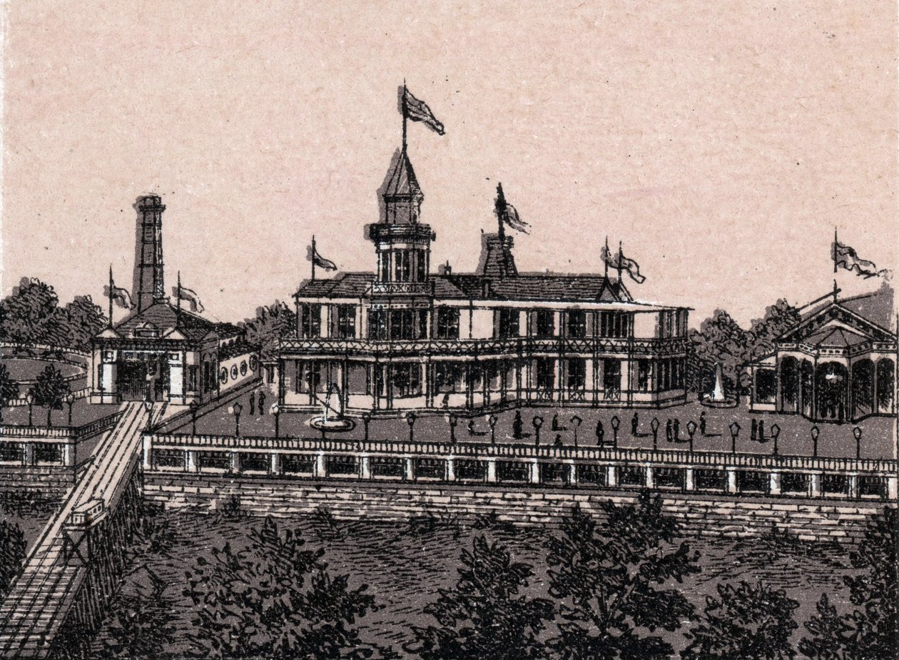 Cincinnati, USA: Blick auf das Highland House in „Die Welt illustriert 168 Ansichten“ (Ende des 19. Jahrhunderts) von Unknown artist