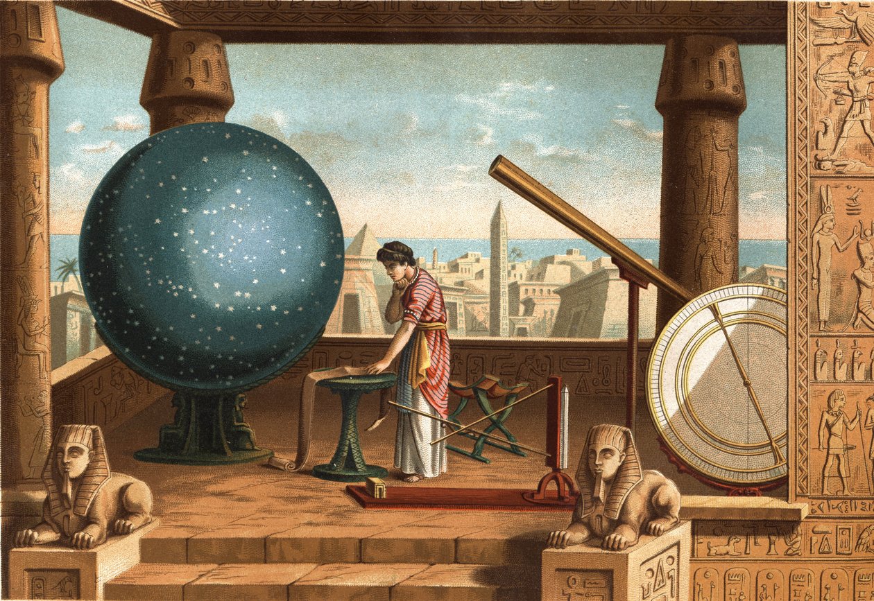 Klaudios Ptolemaios (ca. 100 - ca. 170), griechischer Gelehrter und Astronom, im Observatorium von Alexandria (Ägypten). Barcelona 1877. von Unknown artist