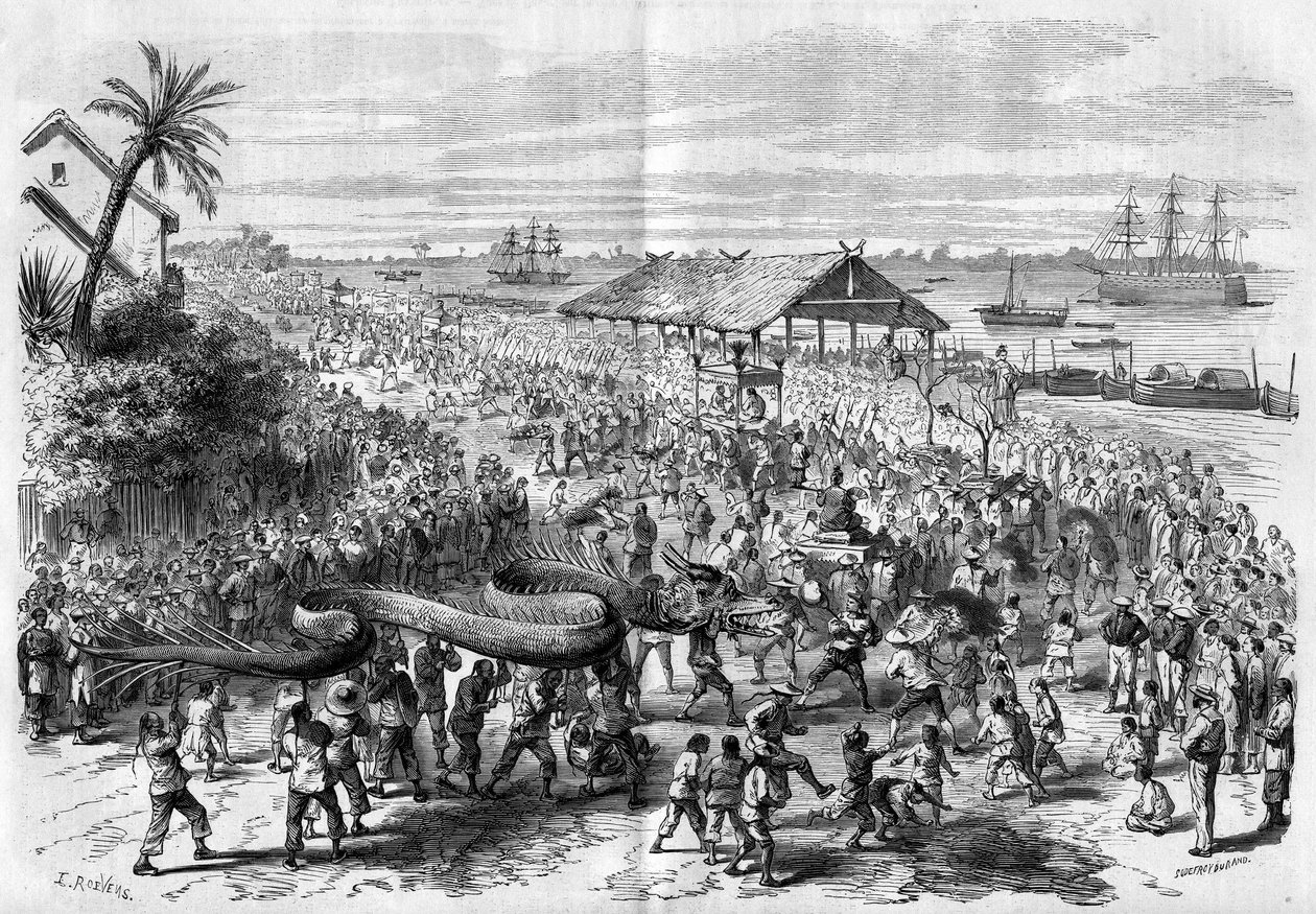 Cochinchina: jährliche Drachenprozession, organisiert von der Kongregation von Saigon im Jahr 1865. von Unknown artist