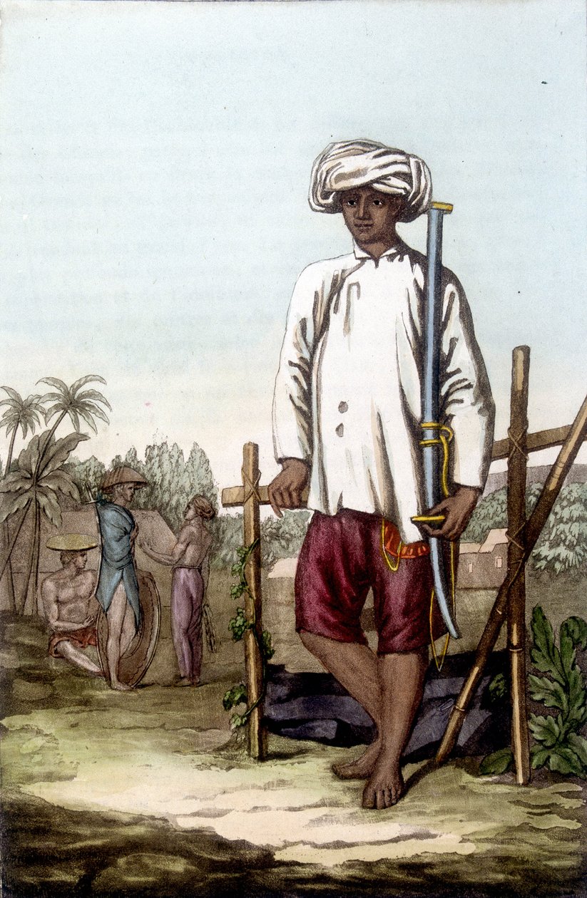 Cochinchinesischer Soldat. Bibliothèque des arts décoratifs de Paris „Le costume ancien et moderne“ von Unknown artist