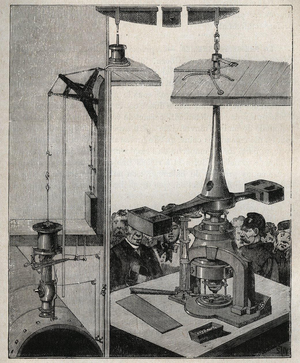 Münze: Die Dampfwaage der Londoner Münze. Gravur von 1885 in „Les arts et métiers illustrés“ von Adolphe Bitard. von Unknown artist