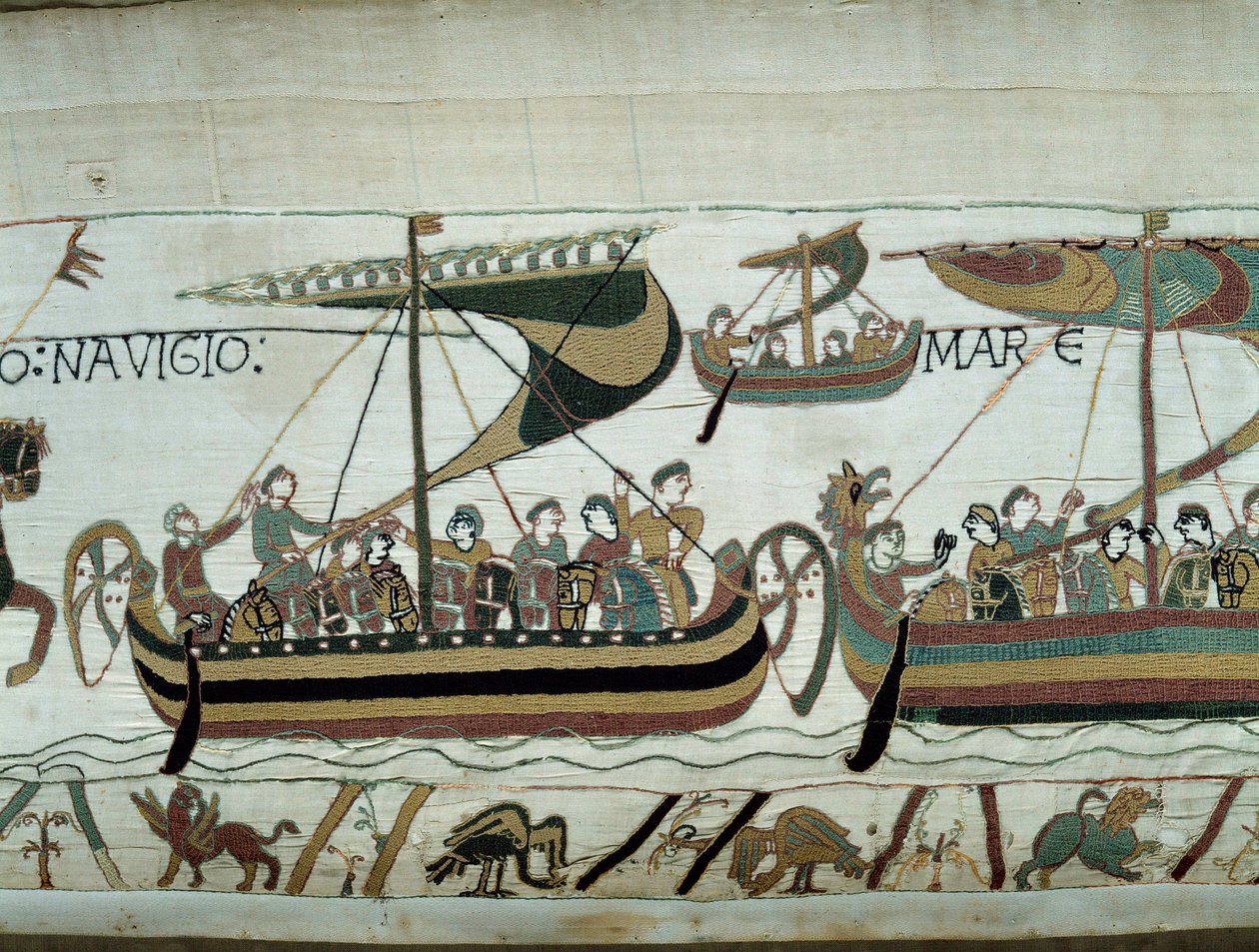 Eroberung Englands durch Wilhelm den Eroberer (1027-1087) im Jahr 1066: Die normannischen Flotten steuern auf England zu. Detail des Teppichs von Bayeux oder der Stickerei von Königin Mathilde von Unknown artist