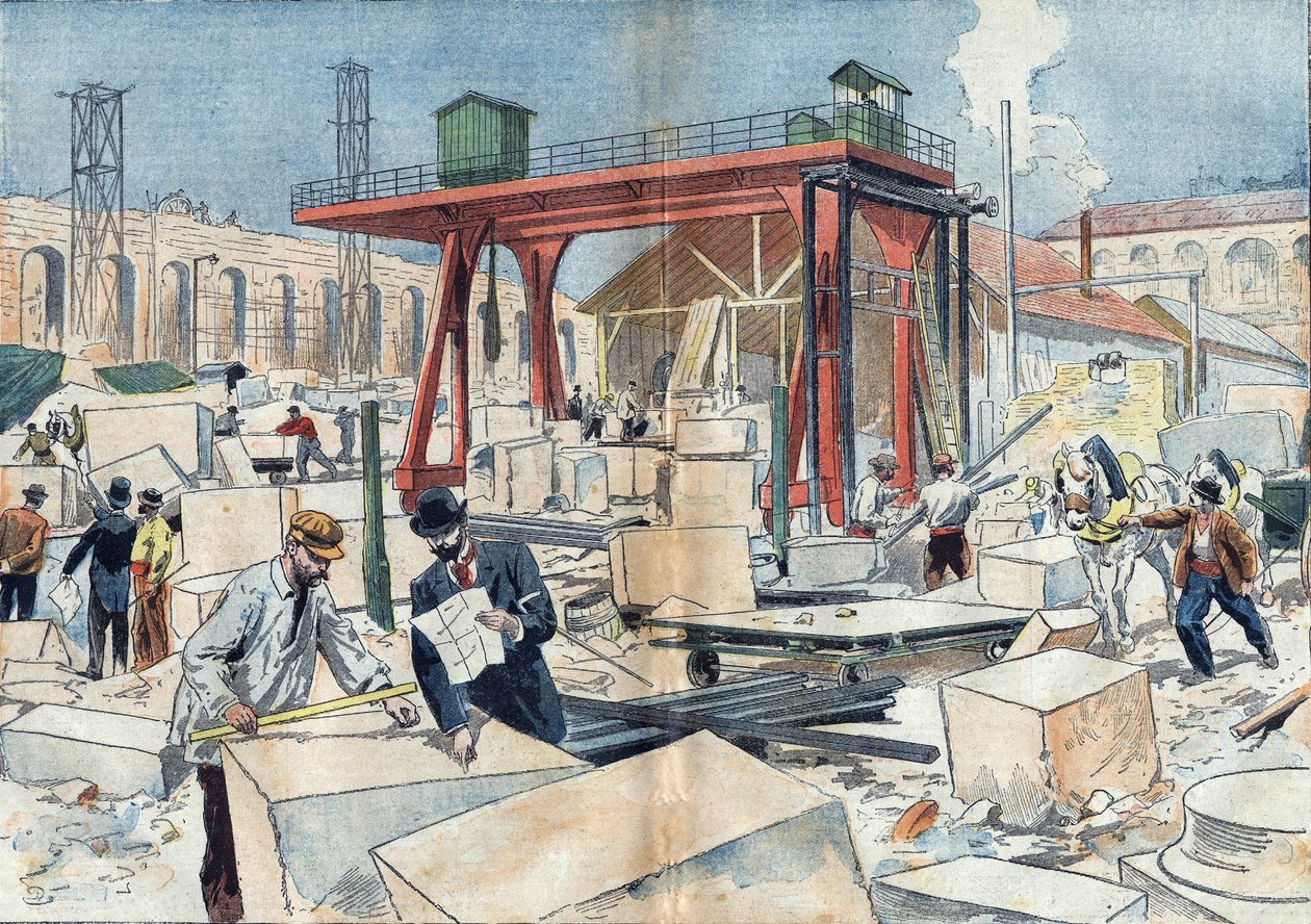Bau des Grand Palais in Paris im Jahr 1898 anlässlich der Weltausstellung 1900. In der Mitte das Diamantrad zum Schneiden von Steinen. Illustration in „Le Pelerin“ vom 3. Juli von Unknown artist