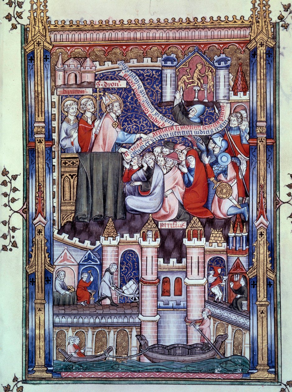 Bekehrung der Pariser: Auf einer Brücke in Paris, wo Goldschmiedeläden sind, zerbrechen Pariser Idole zu Gold. Miniatur aus dem Manuskript „Leben des Heiligen Denis“ von Yves, Mönch von Saint-Denis von Unknown artist