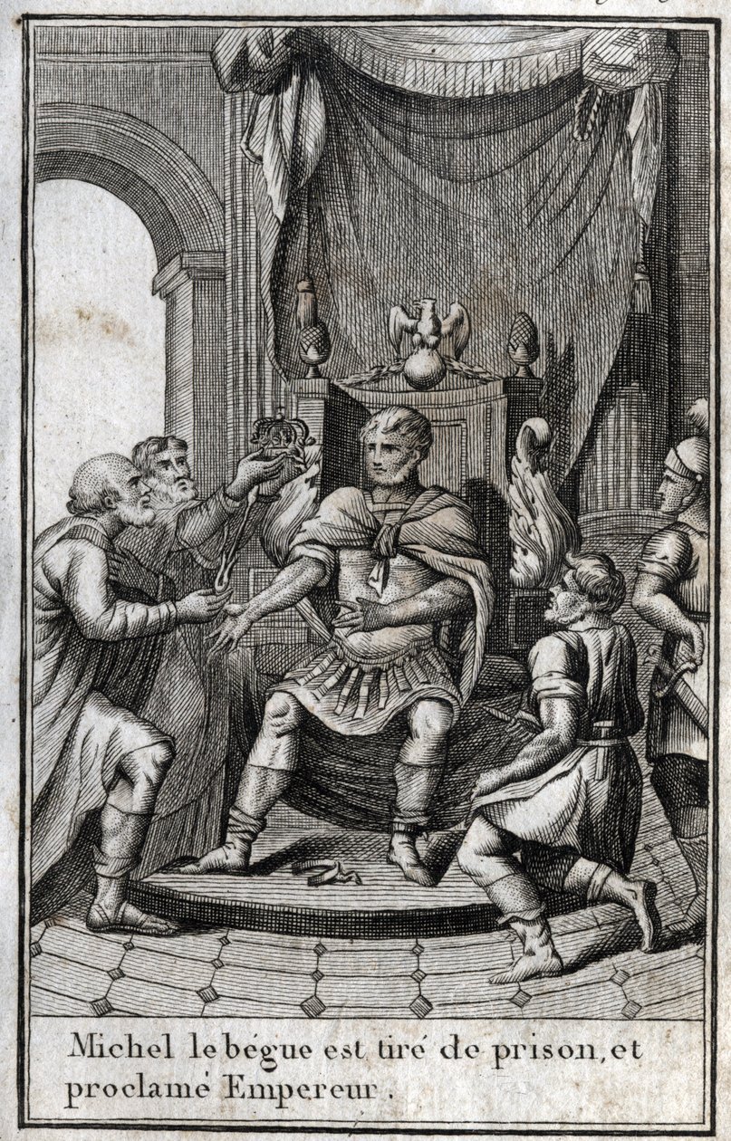 Krönung von Michael II. dem Amorianer (der Stotterer) (770-829) als byzantinischer Kaiser nach seiner Freilassung aus dem Gefängnis im Jahr 820. Er ist der Gründer der amorischen Dynastie. Gravur in „Beaute de l
