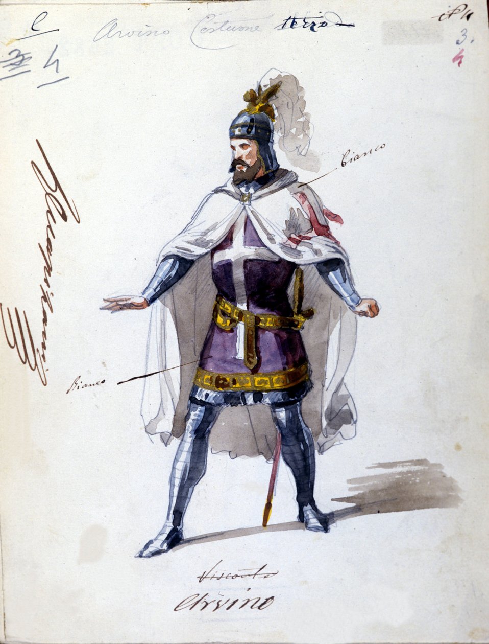 Kostüm für die Oper „I Lombardi“ oder „Die Lombarden auf dem ersten Kreuzzug“ komponiert von Giuseppe Verdi (1813-1901) im Jahr 1843. Anonyme Aquarellzeichnung. Alvino-Charakter für die Aufführung an der Scala in Mailand von Unknown artist