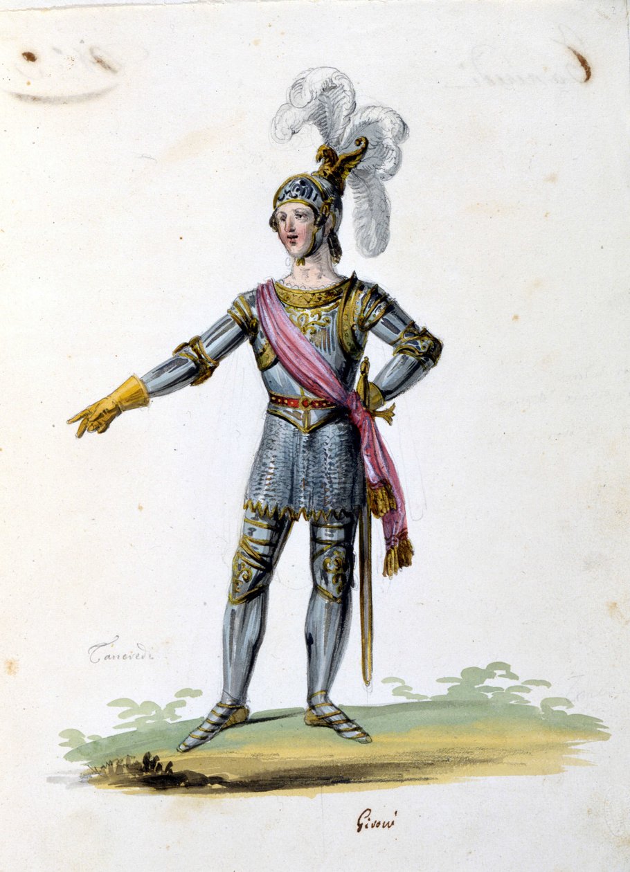 Kostüm für die Figur des Tancredi, gezeichnet von Gironi für die Oper „Tancredi“ von Gioacchino Rossini. 1813 von Unknown artist