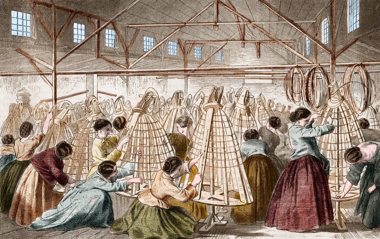 Krinolinenfabriken: Reifen legen. Gravur von 1865. von Unknown artist