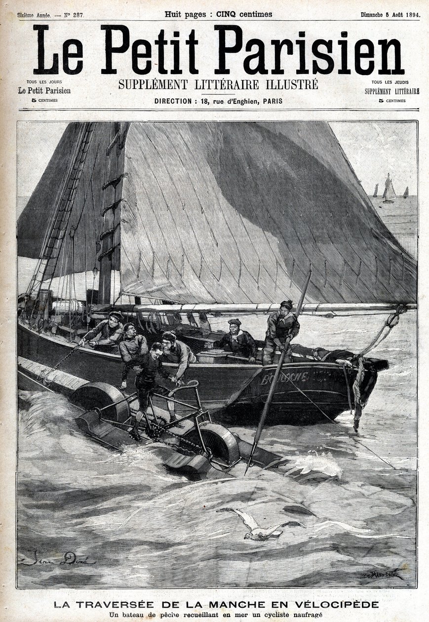 Überquerung des Ärmelkanals im Velociped: Ein Fischerboot sammelt Georges Pinkert auf, der gewettet hatte, den Ärmelkanal mit dem von ihm erfundenen Wasser-Velociped zu überqueren. Gravur in „Le Parisien“ von Unknown artist