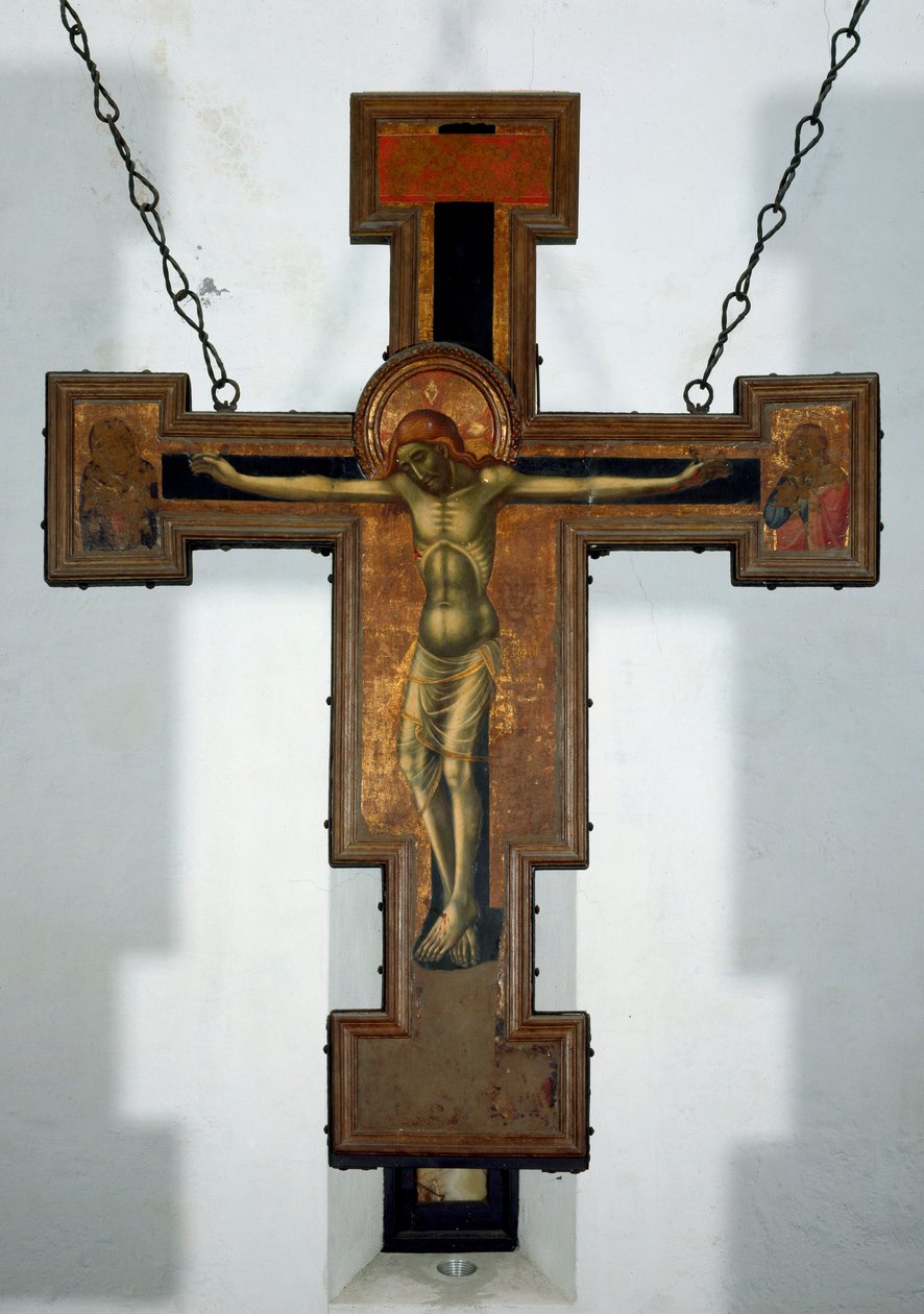 Kreuzigung. Anonyme Holzmalerei auf der Rückseite eines Kreuzes. 15. Jahrhundert Varazze, Cappella del Castello Invrea Italien von Unknown artist