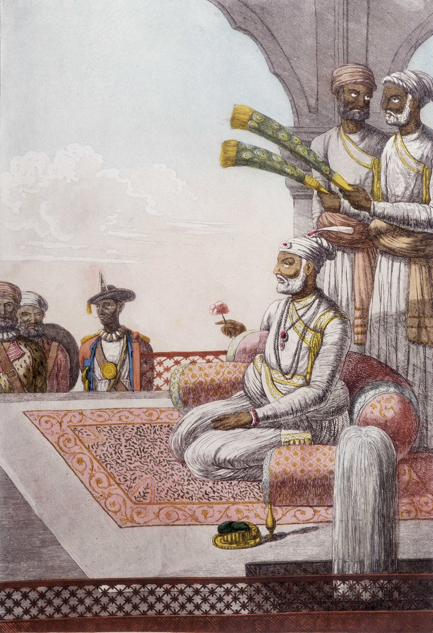 Kultur, Zivilisation und indische Gesellschaft: Porträt eines Radjah (Rajah), Herrscher der Brahmanen, Indien. Gravur von 1808 von Unknown artist