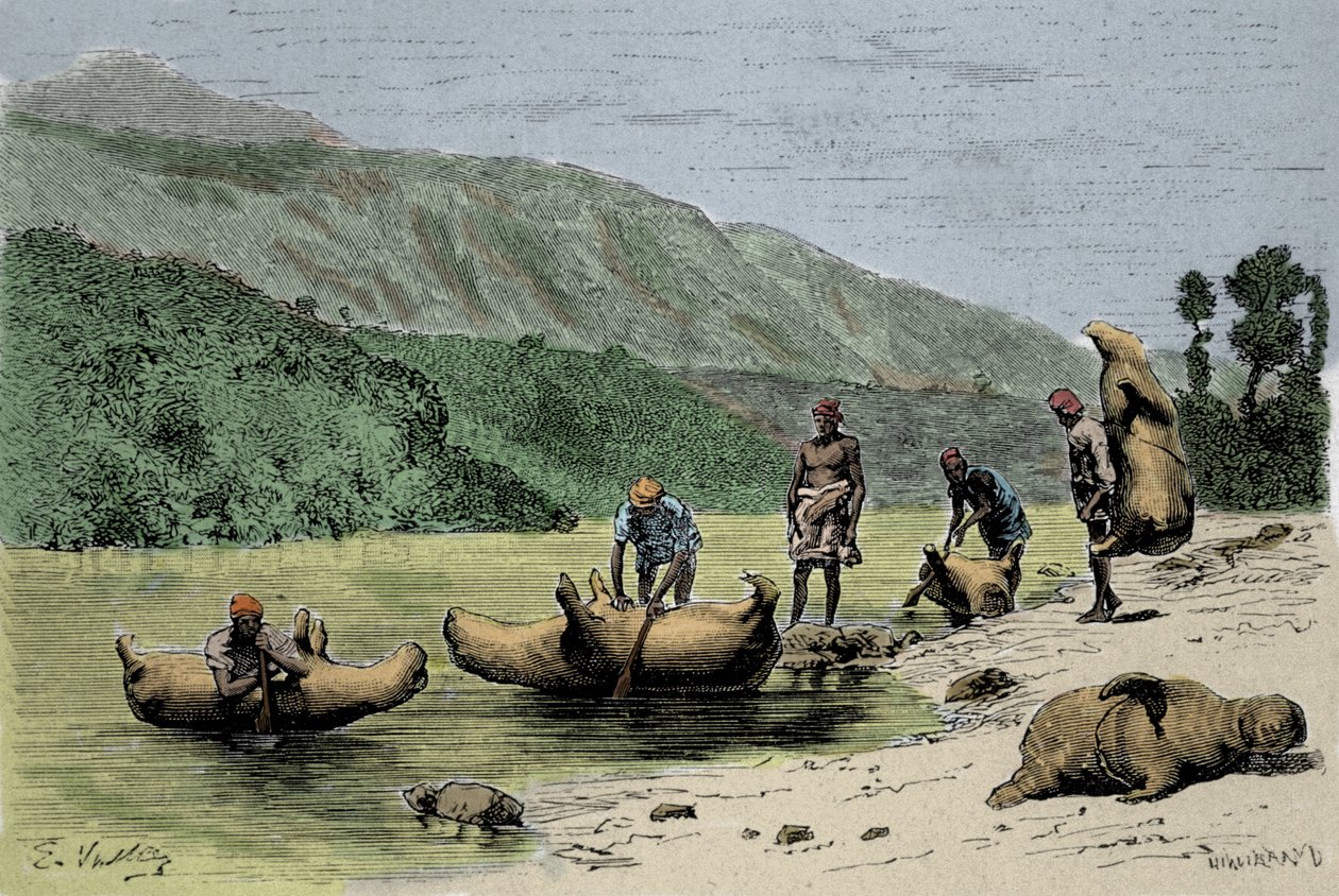 Bräuche und Transportmethoden: Häute von aufgeblasenen Tieren, die zum Überqueren von Flüssen verwendet werden. Gravur aus dem 19. Jahrhundert von Unknown artist