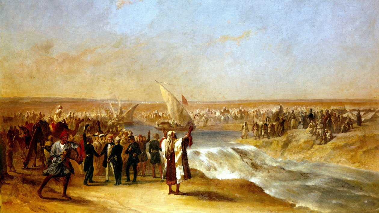 Durchschneiden des letzten Abschnitts des Beckens in der Suez-Ebene durch Seine Exzellenz Ali Pascha am 15. August 1869 von Unknown