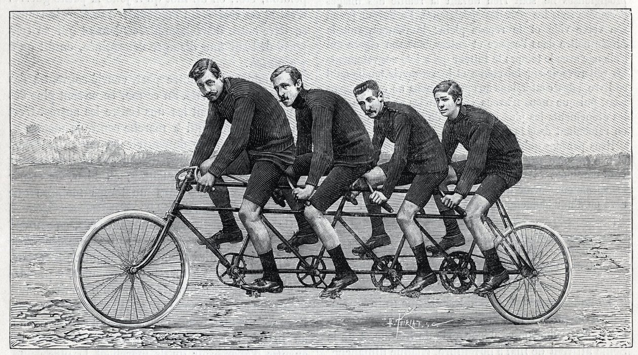 Radfahrer auf einem Fahrrad namens „Quadruplette Gladiator“. Stich in „La Nature“ von Unknown artist