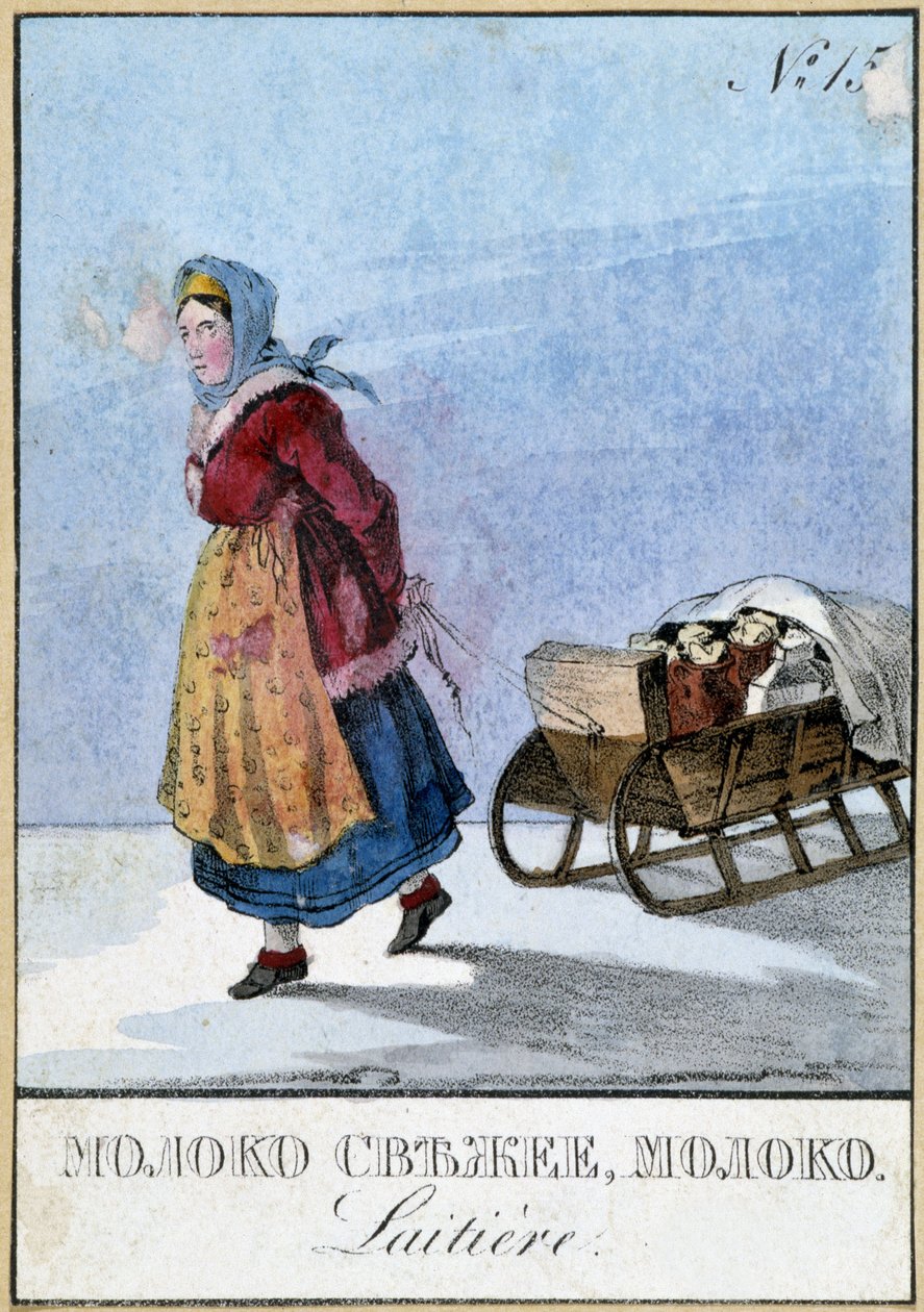 Milchfrau in Russland, die ihre Milchkannen auf einem Schlitten trägt, Bibliothek der Künste Deco von Unknown artist