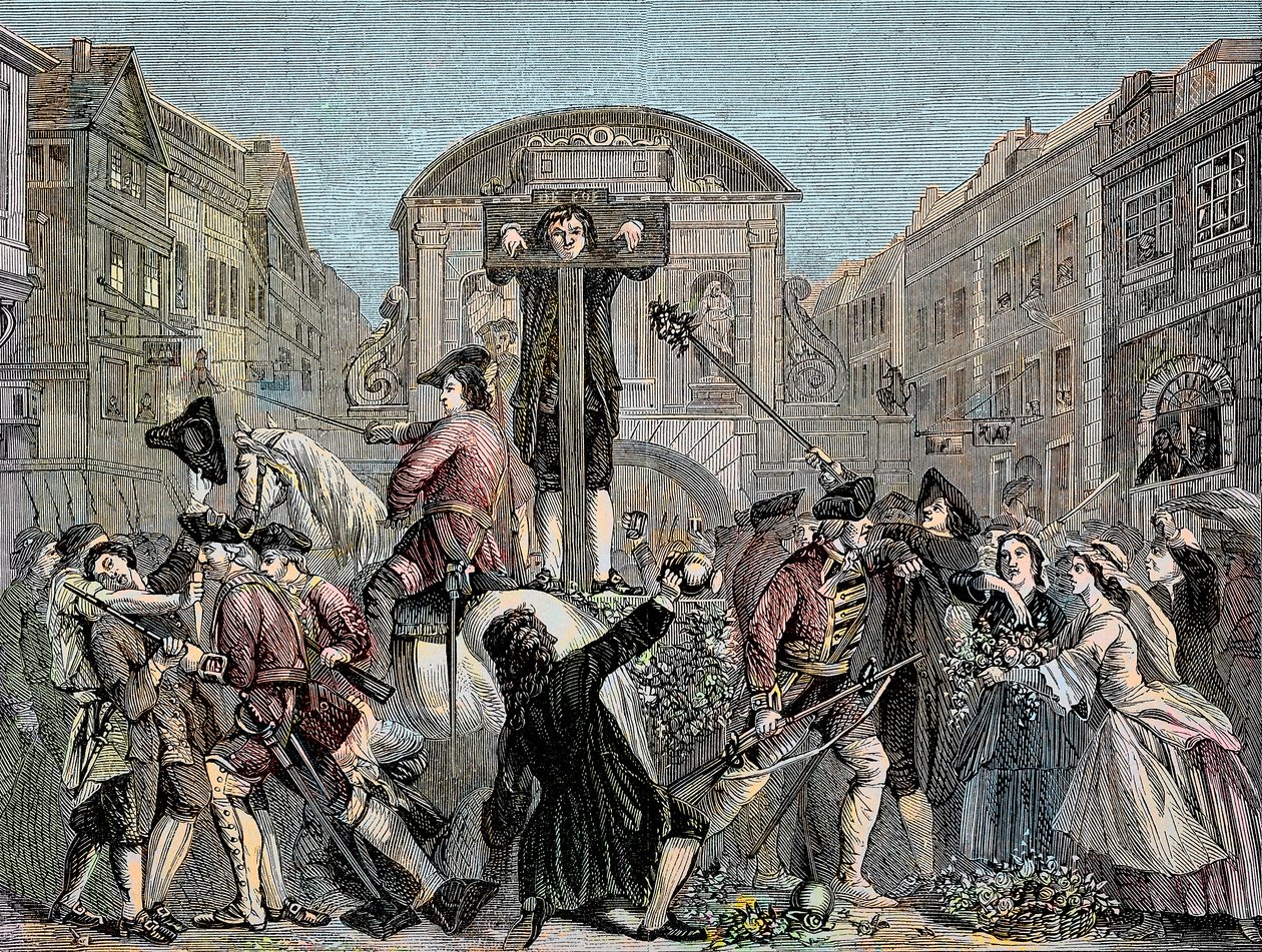 Daniel Defoe (De Foe) (1659-1731) am Pranger in London im Jahr 1703 für die Veröffentlichung seiner ironischen Schrift „The Shortest Way With the Dissenters“ - Der Schriftsteller und Abenteurer Daniel Defoe (1659-1731) wurde 1703 für seine Schriften gegen  von Unknown artist