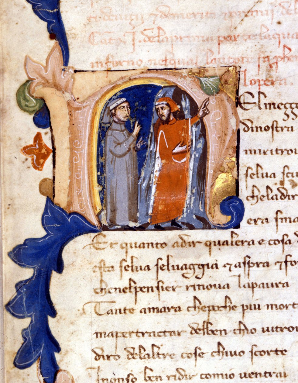 Dante und Virgil am Eingang zur Hölle. (Initiale „N“) Anfang der Hölle einer Divina Commedia (Göttliche Komödie) aus dem 14. Jahrhundert Mailand, Biblioteca Trivulziana. (Nel mezzo del cammin di nostra vita...) von Unknown artist