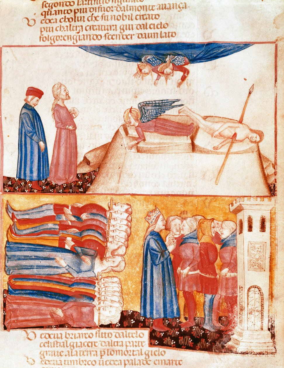 Dante und Virgil treffen die Seelen der gewaltsam Verstorbenen. Illustrierte Seite aus einem Gesang des Antipurgatoriums aus der „Göttlichen Komödie“ von Dante Alighieri von Unknown artist