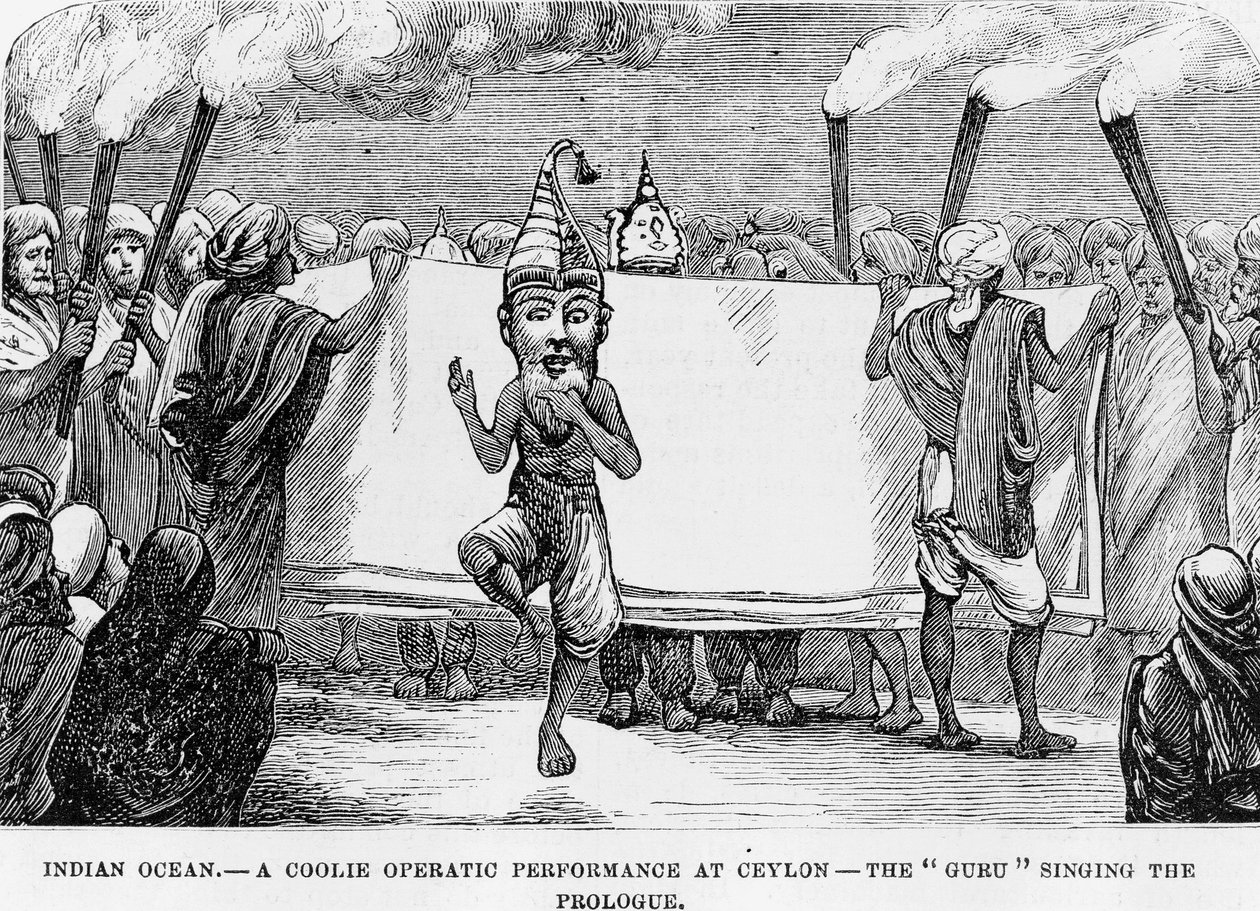 Vorführung von Volkskunst in Ceylon (heutiges Sri Lanka). Gravur des 19. Jahrhunderts von Unknown artist