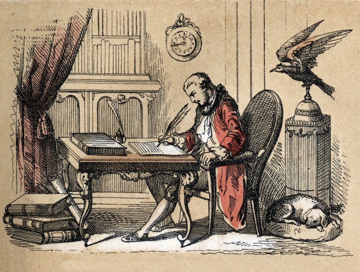 Beschreibung der verschiedenen Produkte und Verwendungen von Papier: Porträt von Georges Louis Leclerc, Graf von Buffon, Naturforscher und Schriftsteller (1707-1788), der seine Naturgeschichte schreibt. Tafel „Das Papier und seine Produkte“ in „Die lehrrei von Unknown artist