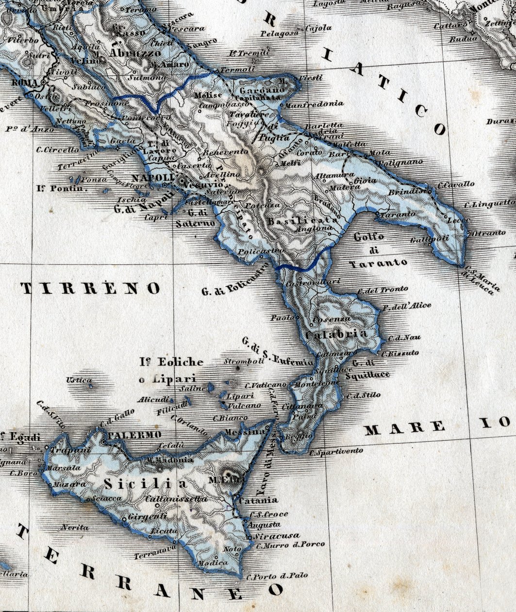 Detail einer geografischen Karte, die Süditalien darstellt (Regionen Kampanien, Kalabrien, Sizilien, Apulien, Molise, Abruzzen). 19. Jahrhundert von Unknown artist