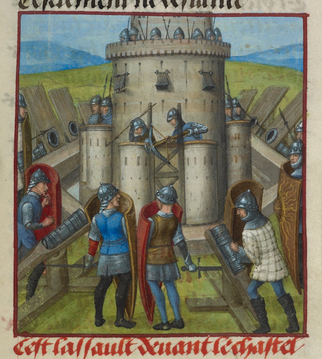 Detail einer Miniatur, die einen Angriff auf das Schloss darstellt, aus 