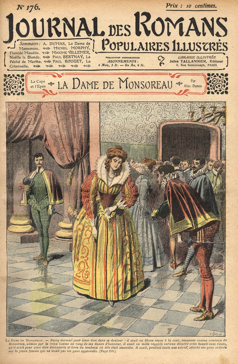 Diane, als Gräfin von Monsoreau anerkannt, wurde dem Gerichtshof zugeteilt. Illustration von „Die Dame von Monsoreau“ von Alexandre Dumas. In „Journal of illustrated popular novels“ von Unknown artist