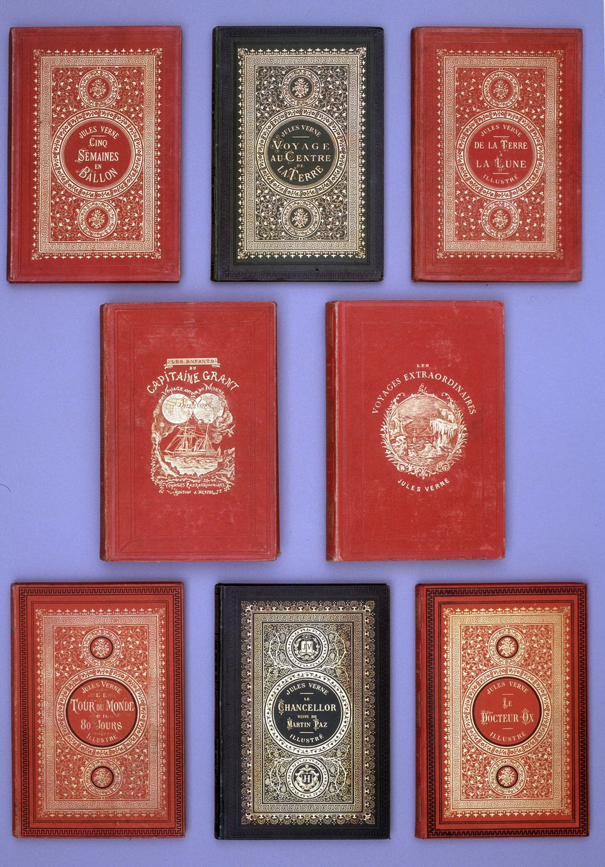 Verschiedene Einbände von Jules Vernes Büchern, veröffentlicht in Hetzel-Ausgaben. Verne-Bibliothekssammlung. Paris von Unknown artist