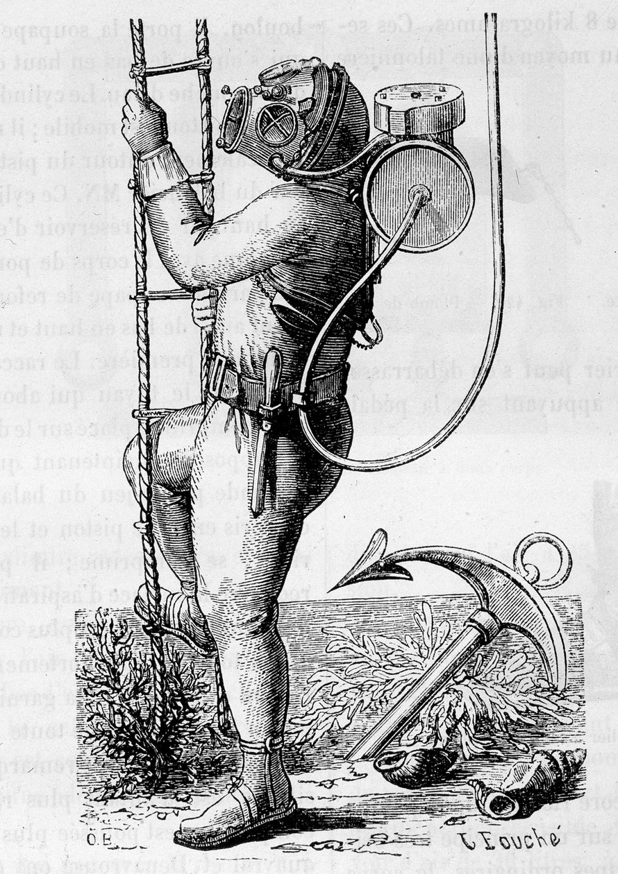 Taucher mit Gummibekleidung und Regulatortank - in „Die Wunder der Wissenschaft“ von Louis Figuier von Unknown artist