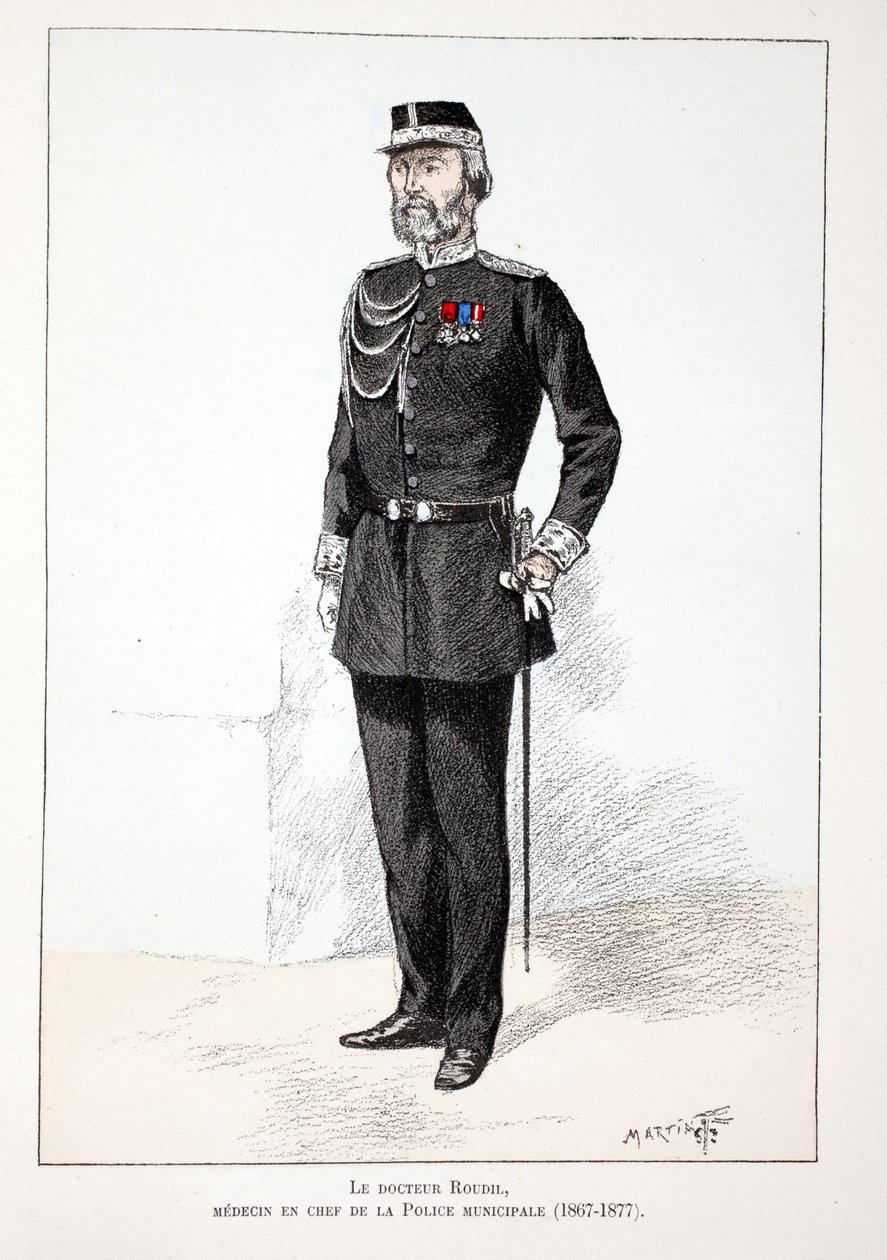 Dr. Roudil, leitender Arzt der städtischen Polizei (1867-1877). Farbradierung zur Illustration „Histoire du corps des gardiens de la paix“ Buch veröffentlicht unter der Schirmherrschaft von Louis Lepine (1846-1933) Polizeipräfekt der Seine, von Alfred Rey  von Unknown artist